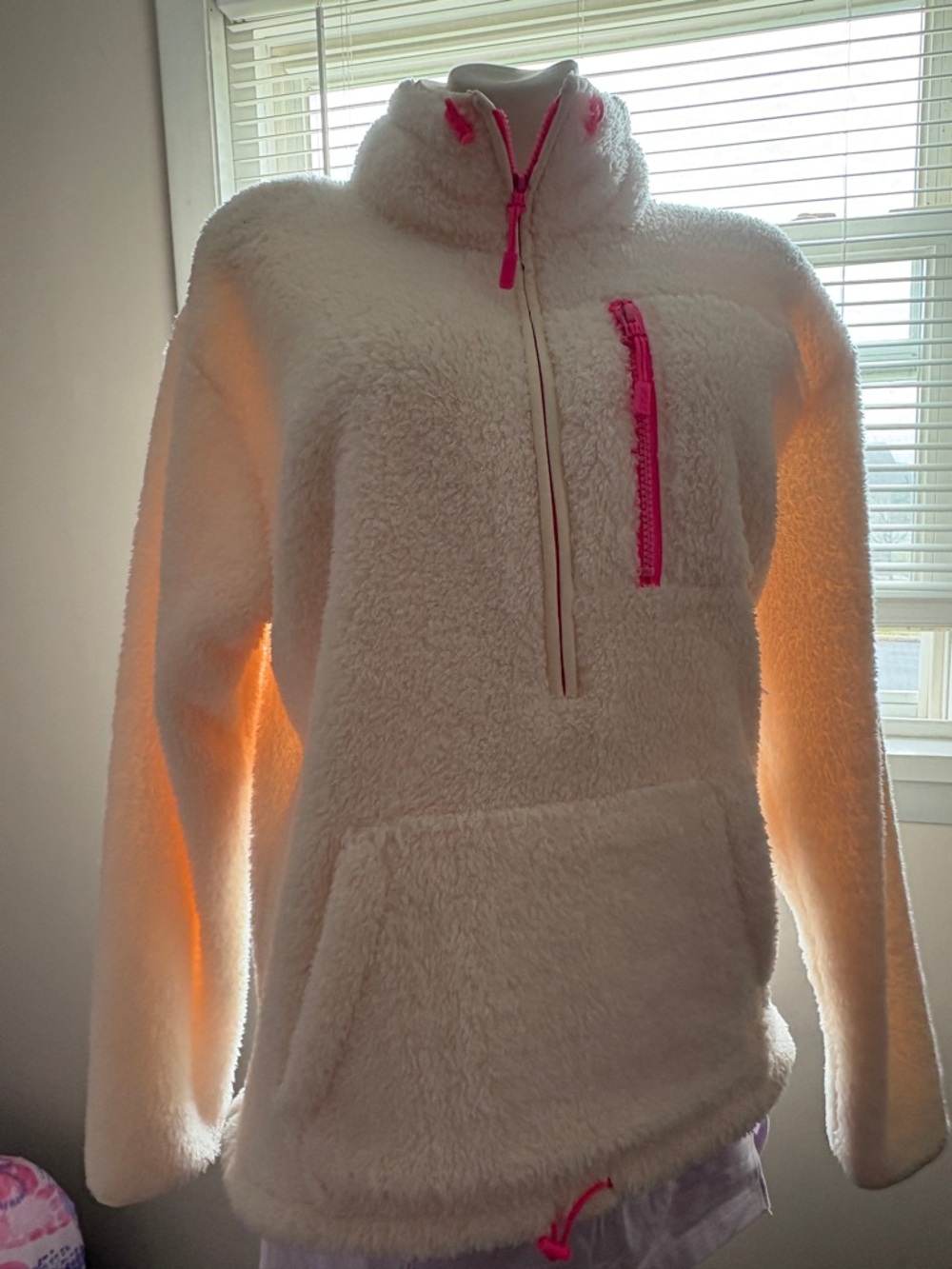 PINK Victoria's Secret Cream Sherpa Pullover with Hot Pink Accents